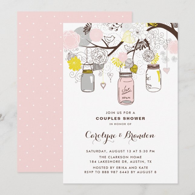 Invitación Rubor Pink Mason Jars Floral Couples Shower (Anverso / Reverso)