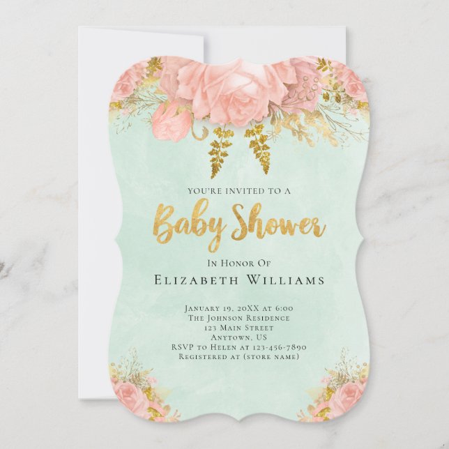 Invitación Rubor Pink Mint Green Gold Flower Girl Baby Shower (Anverso)
