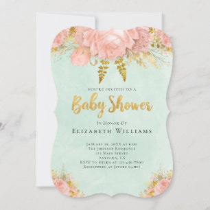 Invitación Rubor Pink Mint Green Gold Flower Girl Baby Shower