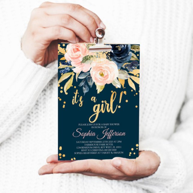 Invitación Rubor Pink, Navy & Gold Baby Shower (Subido por el creador)