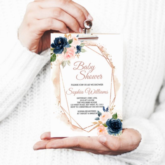 Invitación Rubor Pink, Navy & Gold Baby Shower (Subido por el creador)