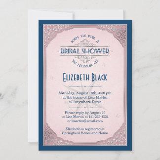 Invitación Rubor Pink Navy Silver Vintage Frame Bridal Shower