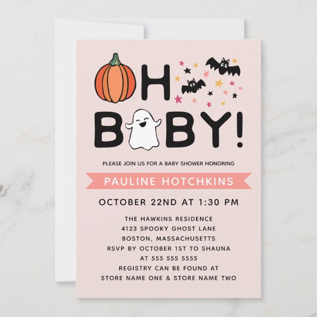 Invitación Rubor Pink Oh Baby Pumpkin Halloween Baby Shower (Anverso)
