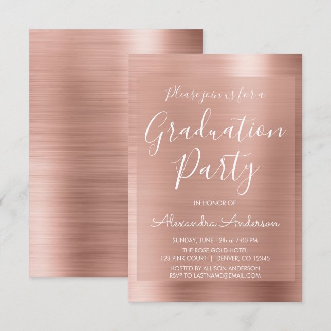 Invitación Rubor Pink - Partido de Graduación Moderna de Oro  (Anverso / Reverso)