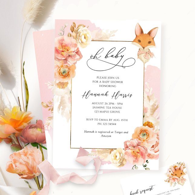 Invitación Rubor Pink, Peach Floral y Fox Chica Baby Shower (Subido por el creador)