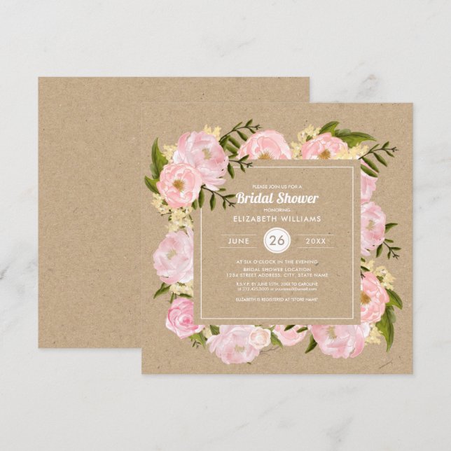 Invitación Rubor Pink Peonie Kraft Papel ducha de novia rústi (Anverso / Reverso)