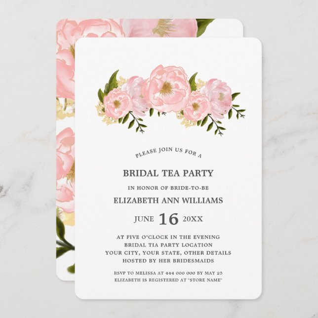 Invitación Rubor Pink Peonies Bridal Tea Fiesta (Anverso / Reverso)