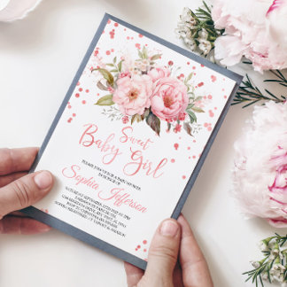Invitación Rubor Pink Peonies Flores Dulce Bebé