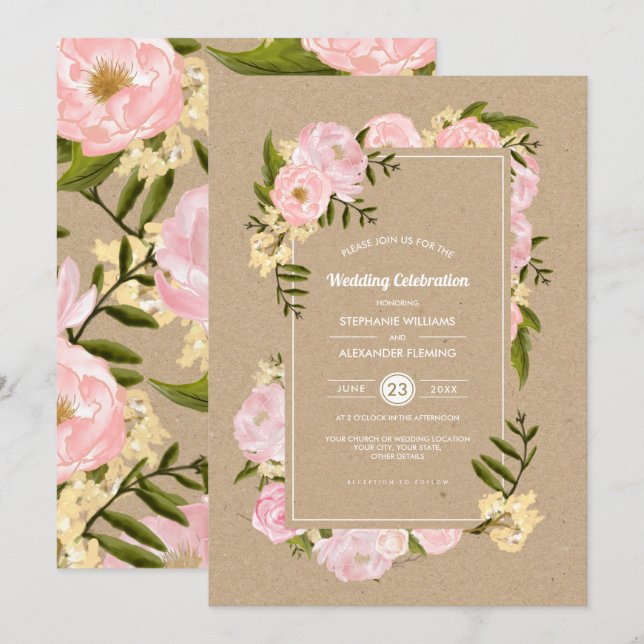 Invitación Rubor Pink Peonies Kraft Boda ruso de papel (Anverso / Reverso)