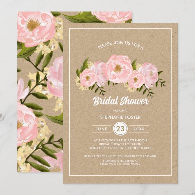 Invitación Rubor Pink Peonies Kraft Papel duchador de novias (Anverso / Reverso)