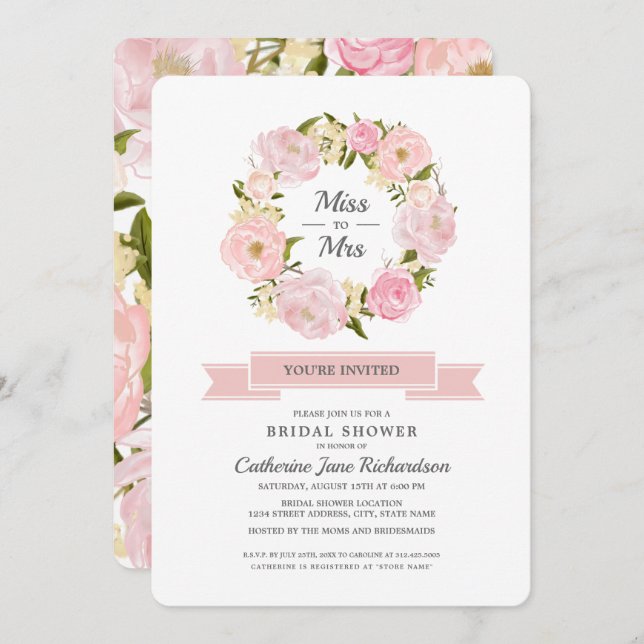 Invitación Rubor Pink Peonies Wreath British Shower (Anverso / Reverso)
