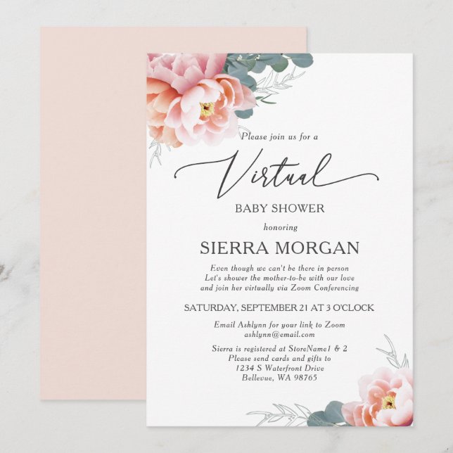 Invitación Rubor Pink Peony Floral Virtual Baby Shower (Anverso / Reverso)