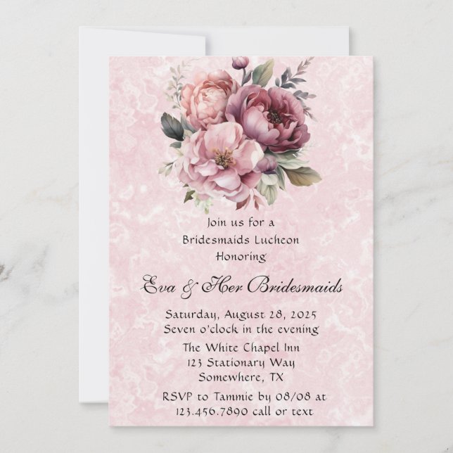 Invitación Rubor Pink Peony Marble Bridesmaids Luncheon (Anverso)