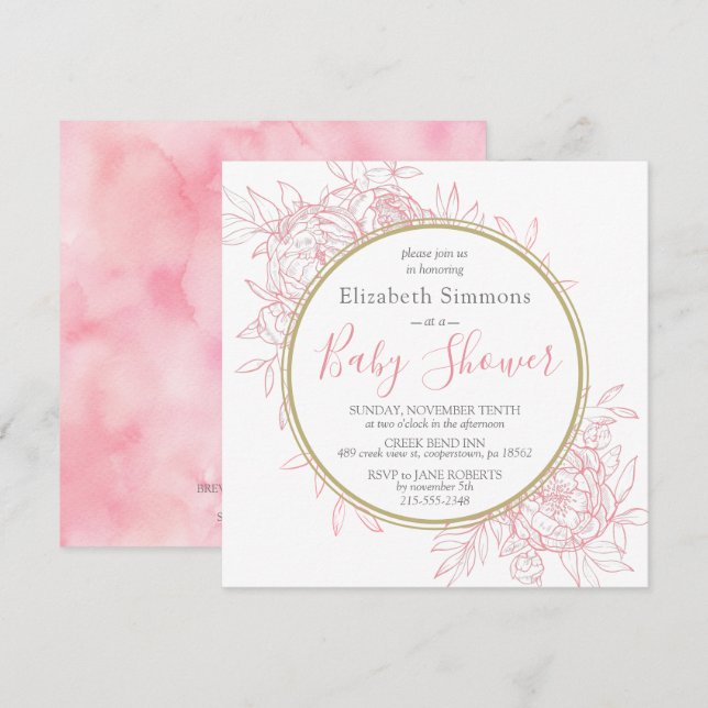 Invitación Rubor Pink Peony Moderno Floral Toile Baby Shower (Anverso / Reverso)