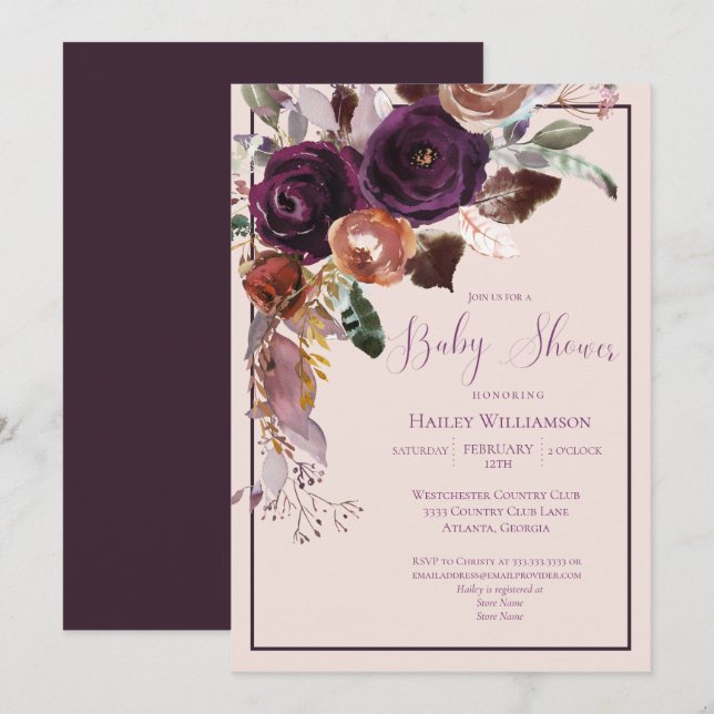 Invitación Rubor Pink, Plum and Gold Baby Shower (Anverso / Reverso)