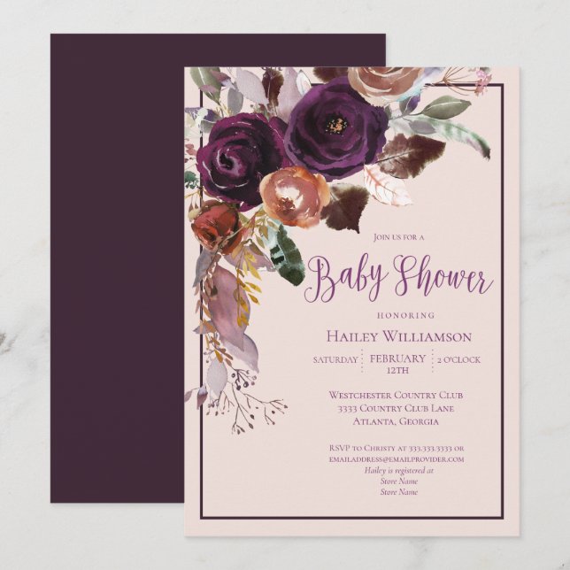 Invitación Rubor Pink, Plum and Gold Floral Baby Shower (Anverso / Reverso)