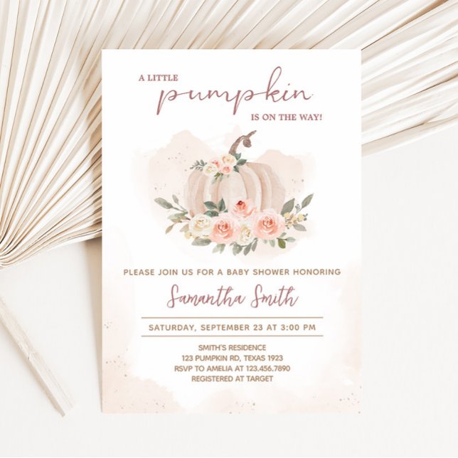 Invitación Rubor Pink Pumpkin Baby Shower (Girl Blush Pumpkin Baby Shower Invitation)