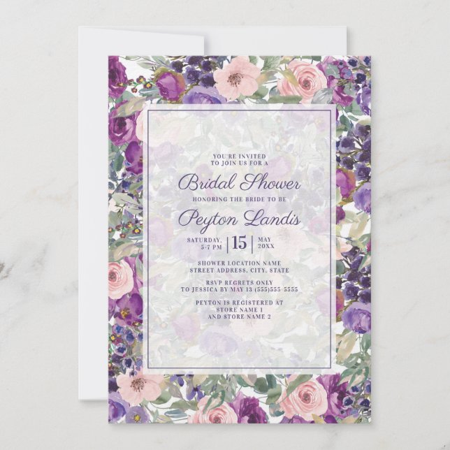 Invitación Rubor Pink Purple Floral Sage Green deja novia (Anverso)