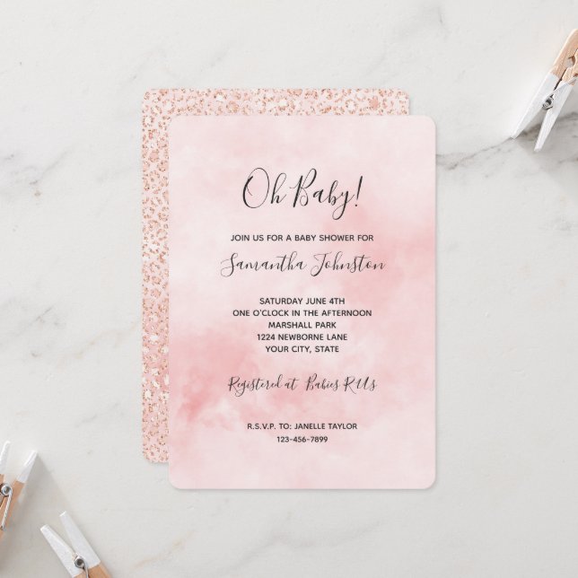 Invitación Rubor Pink Purpurina Leopard Baby Shower (Anverso/Reverso In Situ)