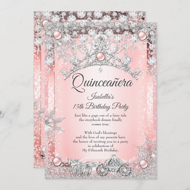 Invitación Rubor Pink Quinceanera 15th Winter Carriage (Anverso / Reverso)