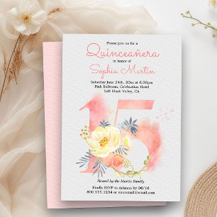 Invitación Rubor Pink Quinceanera Floral Número 15 Cumpleaños
