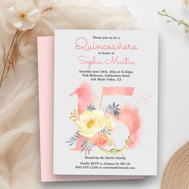 Invitación Rubor Pink Quinceanera Floral Número 15 Cumpleaños (Quinceanera Invitation from my Blush Pink Number 15 Quinceanera collection
)