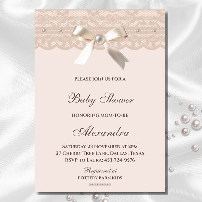 Invitación Rubor Pink Regency Bow Pearl Lace Baby Shower (Subido por el creador)
