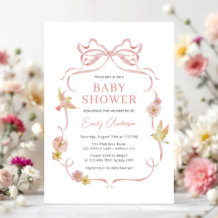 Invitación Rubor Pink Ribbon Wildflower Bow Baby Shower