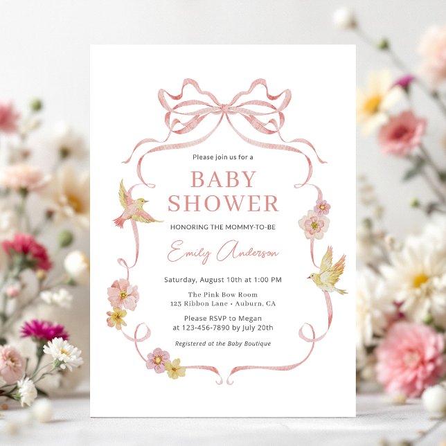 Invitación Rubor Pink Ribbon Wildflower Bow Baby Shower (Subido por el creador)