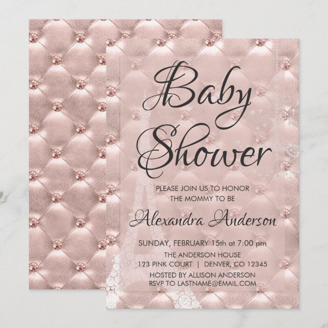 Invitación Rubor Pink - Rosa Gold Paris Baby Shower (Anverso / Reverso)