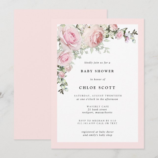 Invitación Rubor Pink Rose Floral Baby Shower (Anverso / Reverso)