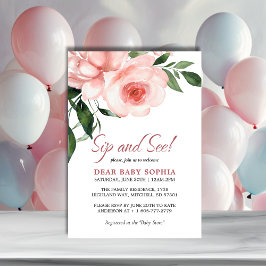 Invitación Rubor Pink Rose Floral Baby Shower Sip y See