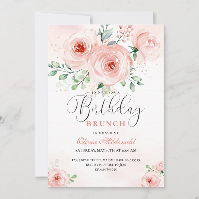 Invitación Rubor Pink Rose Florals Cumpleaños moderno (Anverso)