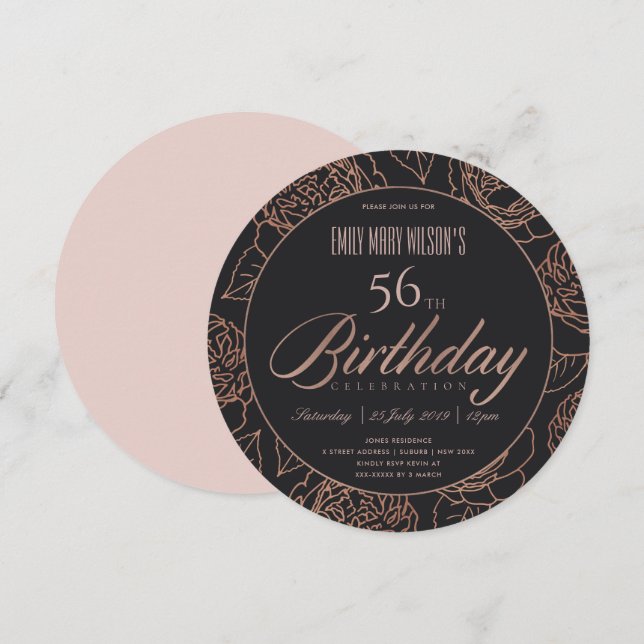 INVITACIÓN RUBOR PINK ROSE GOLD BLACK FLORAL CUALQUIER CUMPLE (Anverso / Reverso)
