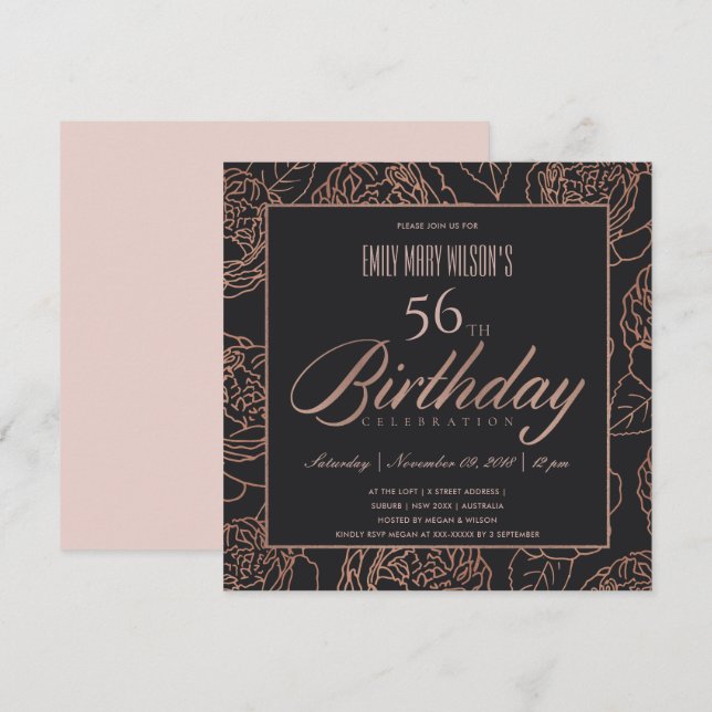 INVITACIÓN RUBOR PINK ROSE GOLD BLACK FLORAL CUALQUIER CUMPLE (Anverso / Reverso)