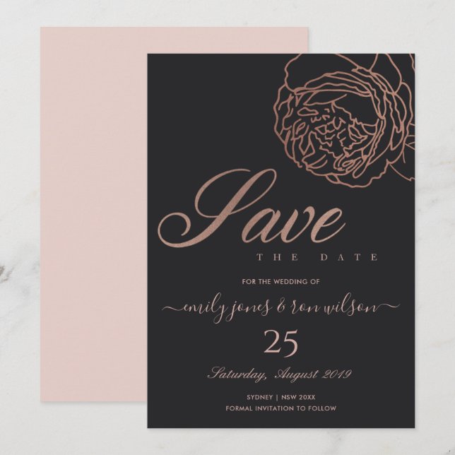 INVITACIÓN RUBOR PINK ROSE GOLD BLACK FLORAL GUARDAR LA FECHA (Anverso / Reverso)