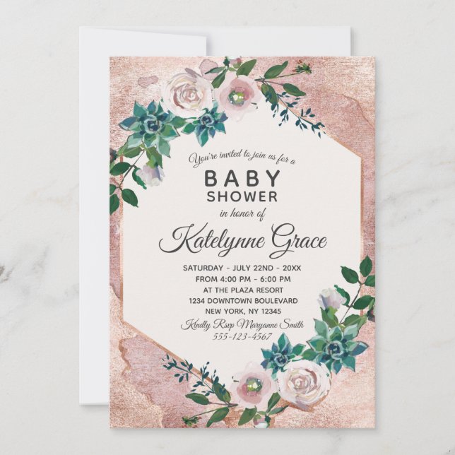 Invitación Rubor Pink Rose Gold Floral a Baby Show (Anverso)