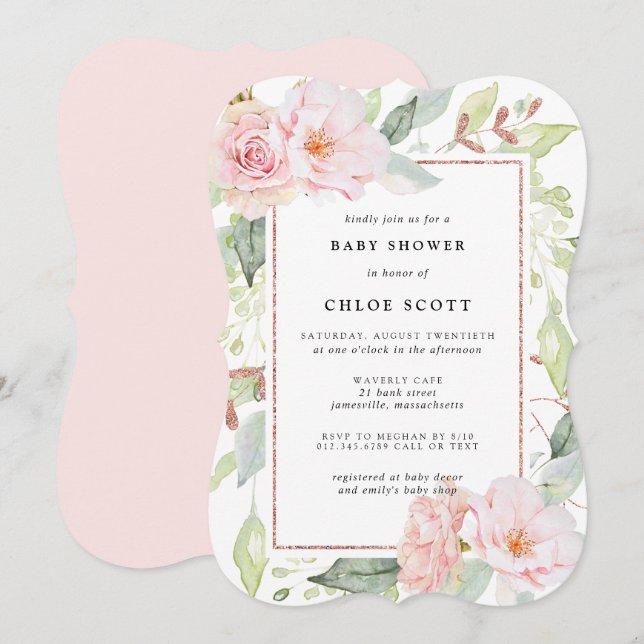 Invitación Rubor Pink Rose Gold Floral Baby Shower (Anverso / Reverso)