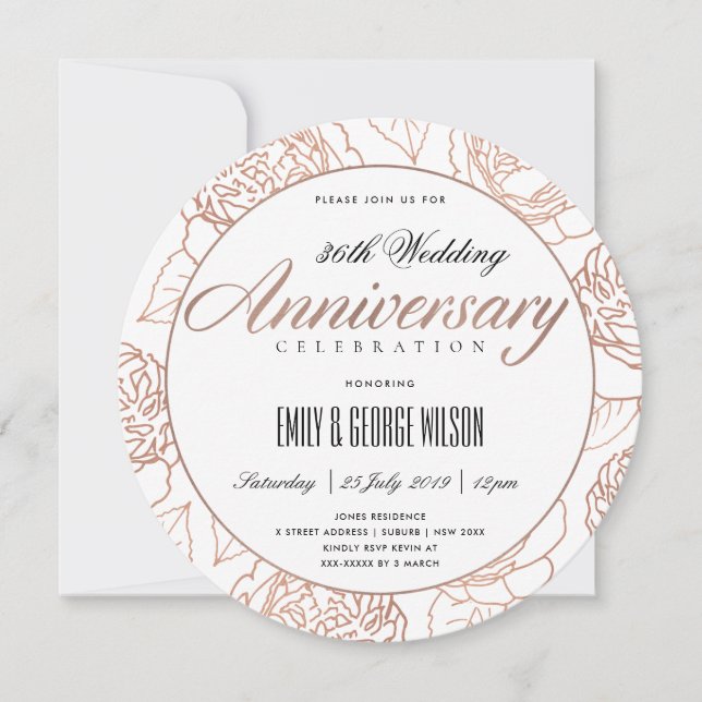 INVITACIÓN RUBOR PINK ROSE GOLD FLORAL CUALQUIER AÑO ANIVERSA (Anverso)