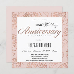 INVITACIÓN RUBOR PINK ROSE GOLD FLORAL CUALQUIER AÑO ANIVERSA