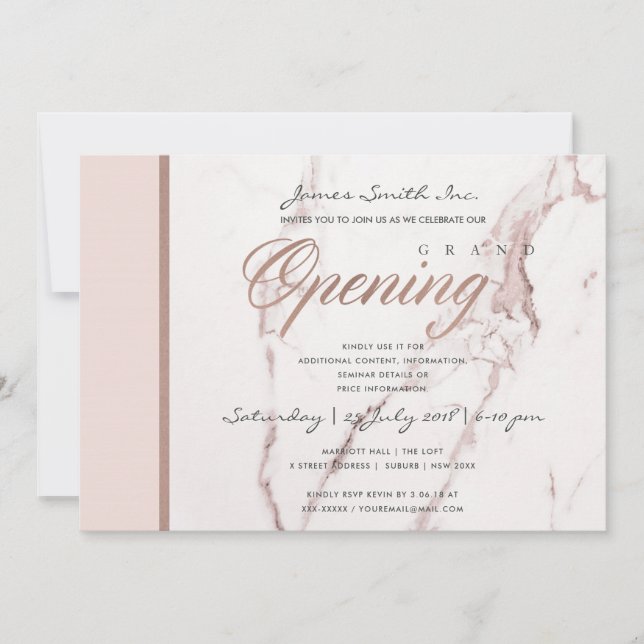 INVITACIÓN RUBOR PINK ROSE GOLD MARBLE TEXTURA GRAND ABRIR (Anverso)