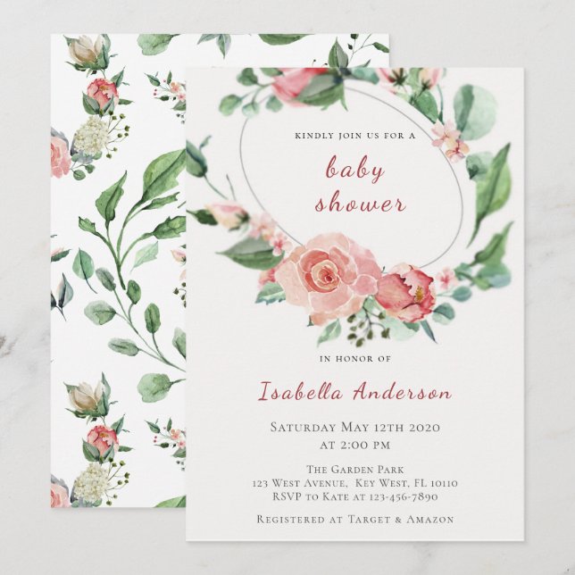 Invitación Rubor Pink Roses Floral Baby Shower (Anverso / Reverso)