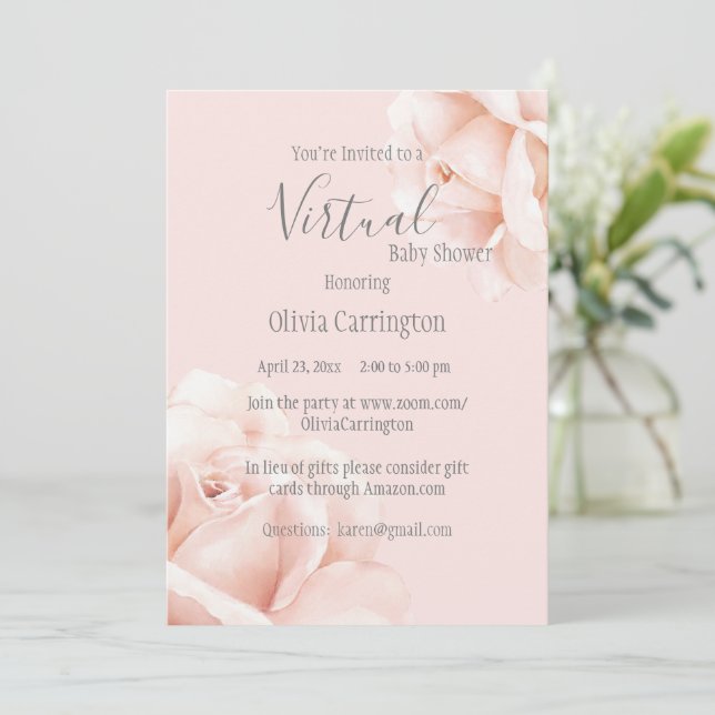 Invitación Rubor Pink Roses Script Baby Shower by Virtual (Anverso de pie)