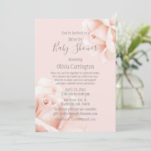 Invitación Rubor Pink Roses Script Drive De Baby Shower (Anverso de pie)