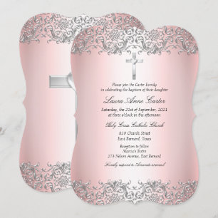 Invitación Rubor Pink Silver Damask Cross Baptism Christening