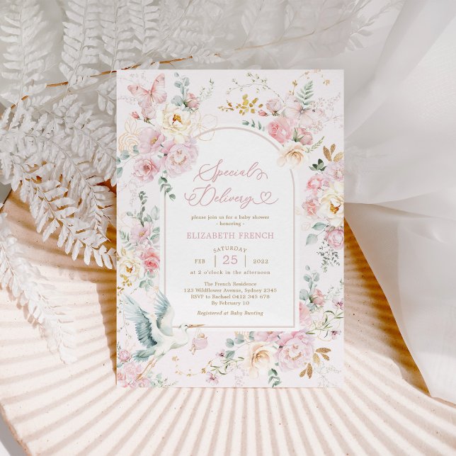 Invitación Rubor Pink Stork Chica de flores silvestres Baby S (Subido por el creador)