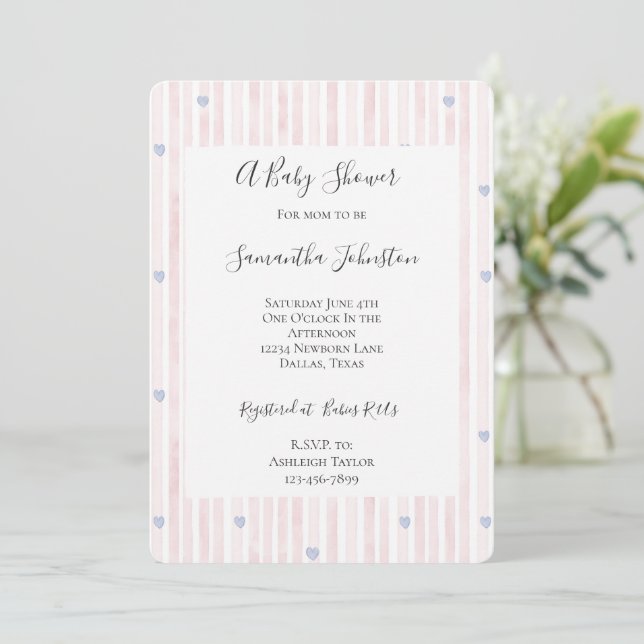 Invitación Rubor Pink Stripes Blue Hearts Baby Shower (Anverso de pie)