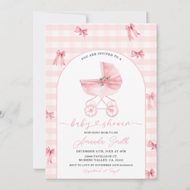 Invitación Rubor Pink Stroller Gingham Bow Chica Baby Shower (Anverso)
