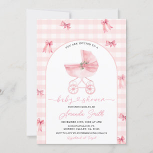 Invitación Rubor Pink Stroller Gingham Bow Chica Baby Shower