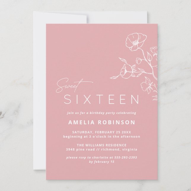 Invitación Rubor Pink Sweet 16 Airy Floral 16 cumpleaños (Anverso)